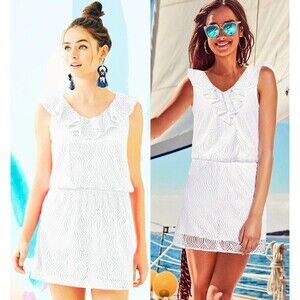 Lilly Pulitzer Alessa Romper Small White Lace Ruffle V Neck Fit Flare Mini